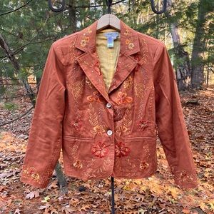 Y2K Coldwater Creek Burnt Orange Embroidered Blazer Jacket Size M Petite Boho